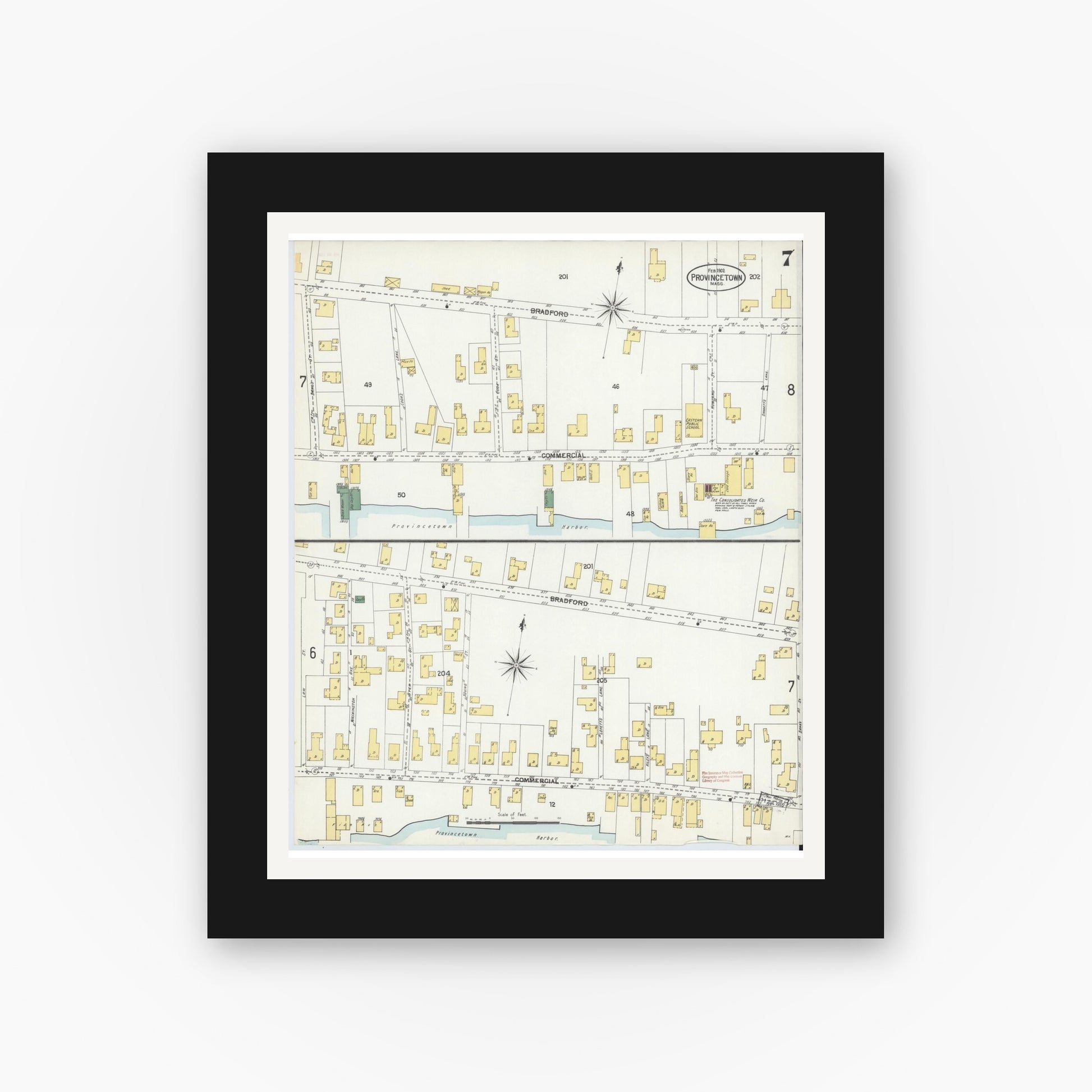 Old map wall art mockup — black gallery frame with white mat — Sanborn Fire Insurance Map from Provincetown, Barnstable County, Massachusetts (1902), Sheet #0007