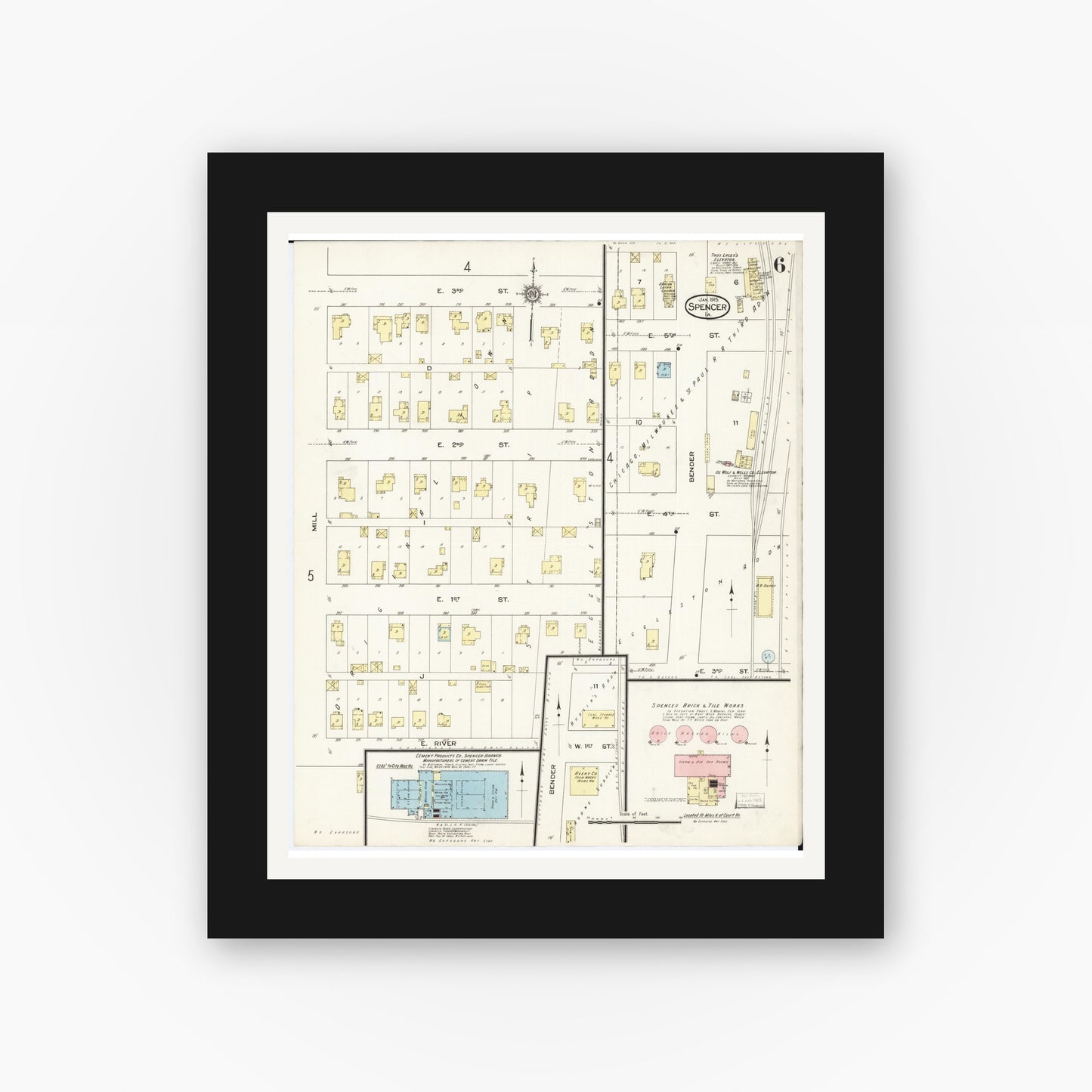 Old map wall art mockup — black gallery frame with white mat — Sanborn Fire Insurance Map from Spencer, Clay County, Iowa (1915), Sheet #0006