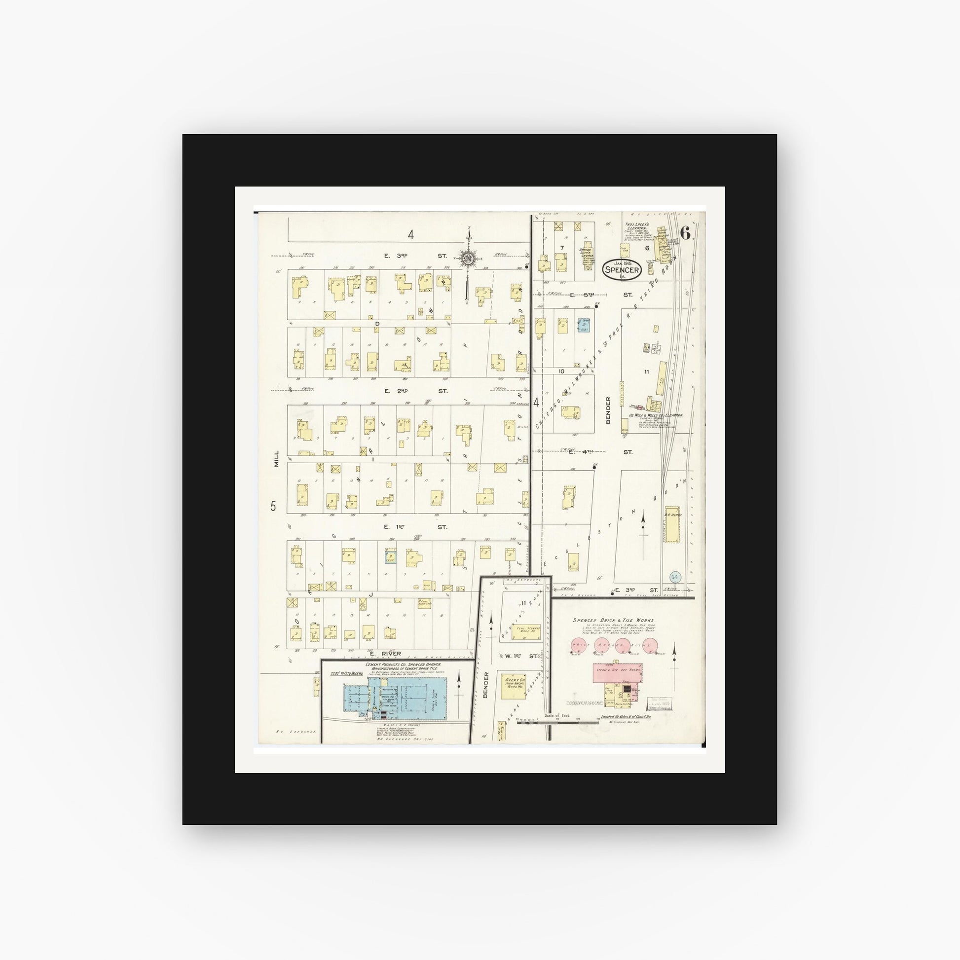 Old map wall art mockup — black gallery frame with white mat — Sanborn Fire Insurance Map from Spencer, Clay County, Iowa (1915), Sheet #0006
