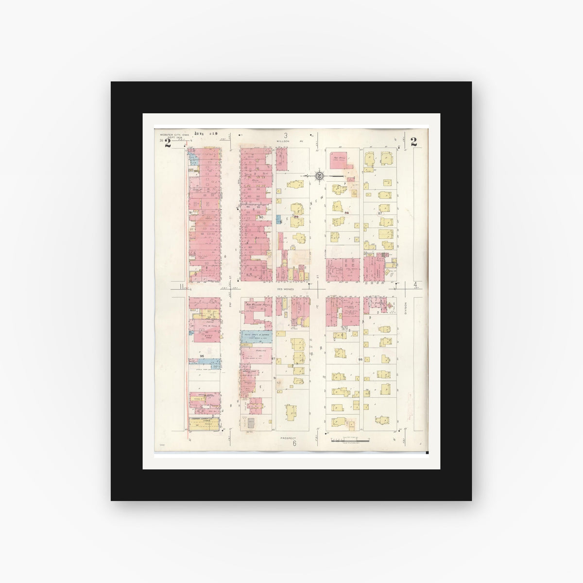 Old map wall art mockup — black gallery frame with white mat — Sanborn Fire Insurance Map from Webster City, Hamilton County, Iowa (1950), Sheet #0002