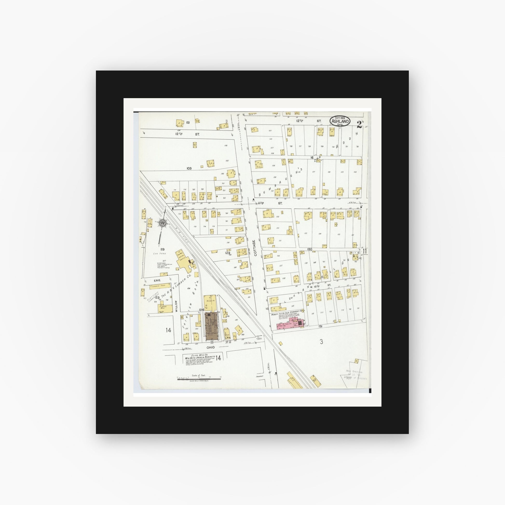 Old map wall art mockup — black gallery frame with white mat — Sanborn Fire Insurance Map from Ashland, Ashland County, Ohio (1919), Sheet #0002