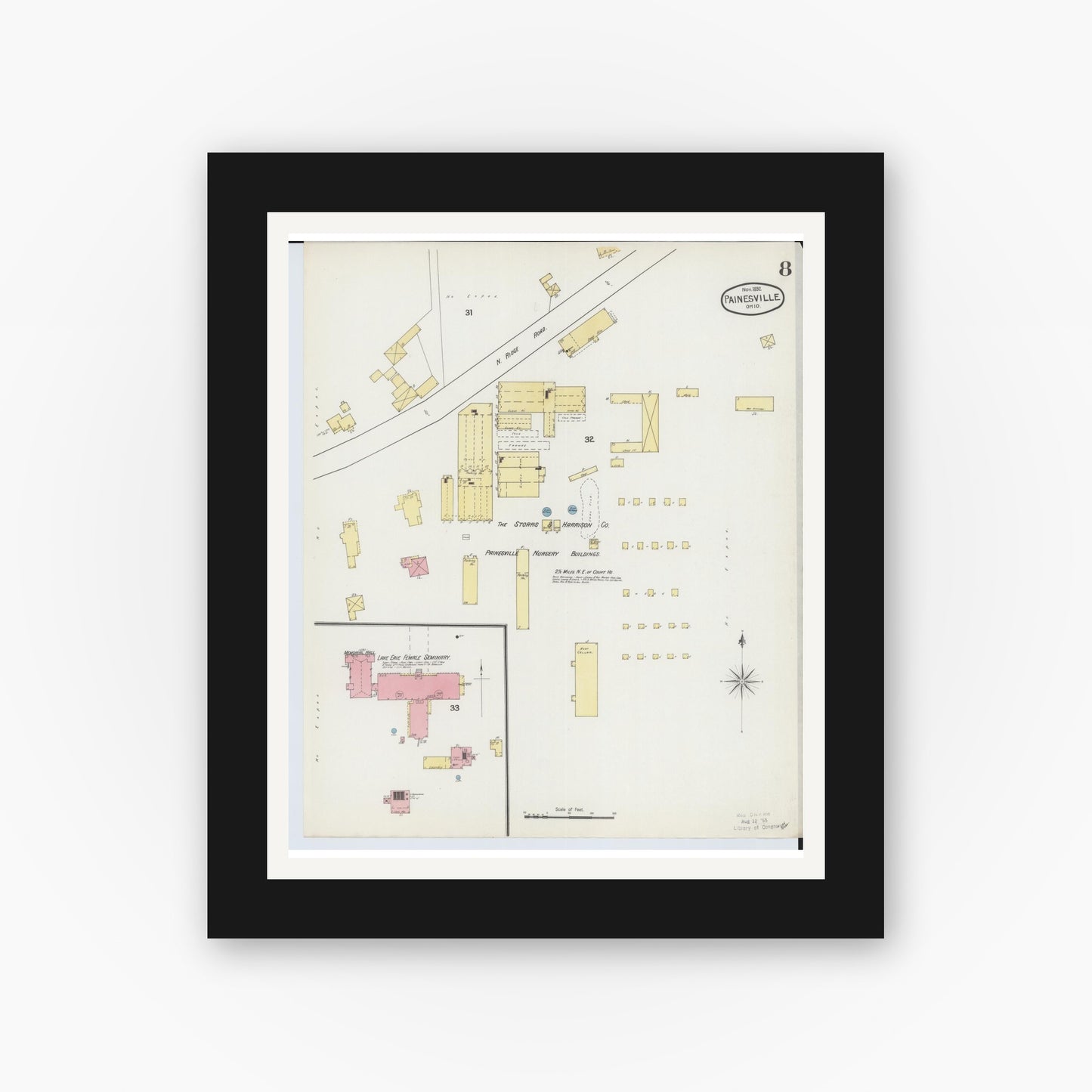 Old map wall art mockup — black gallery frame with white mat — Sanborn Fire Insurance Map from Painesville, Lake County, Ohio (1892), Sheet #0008