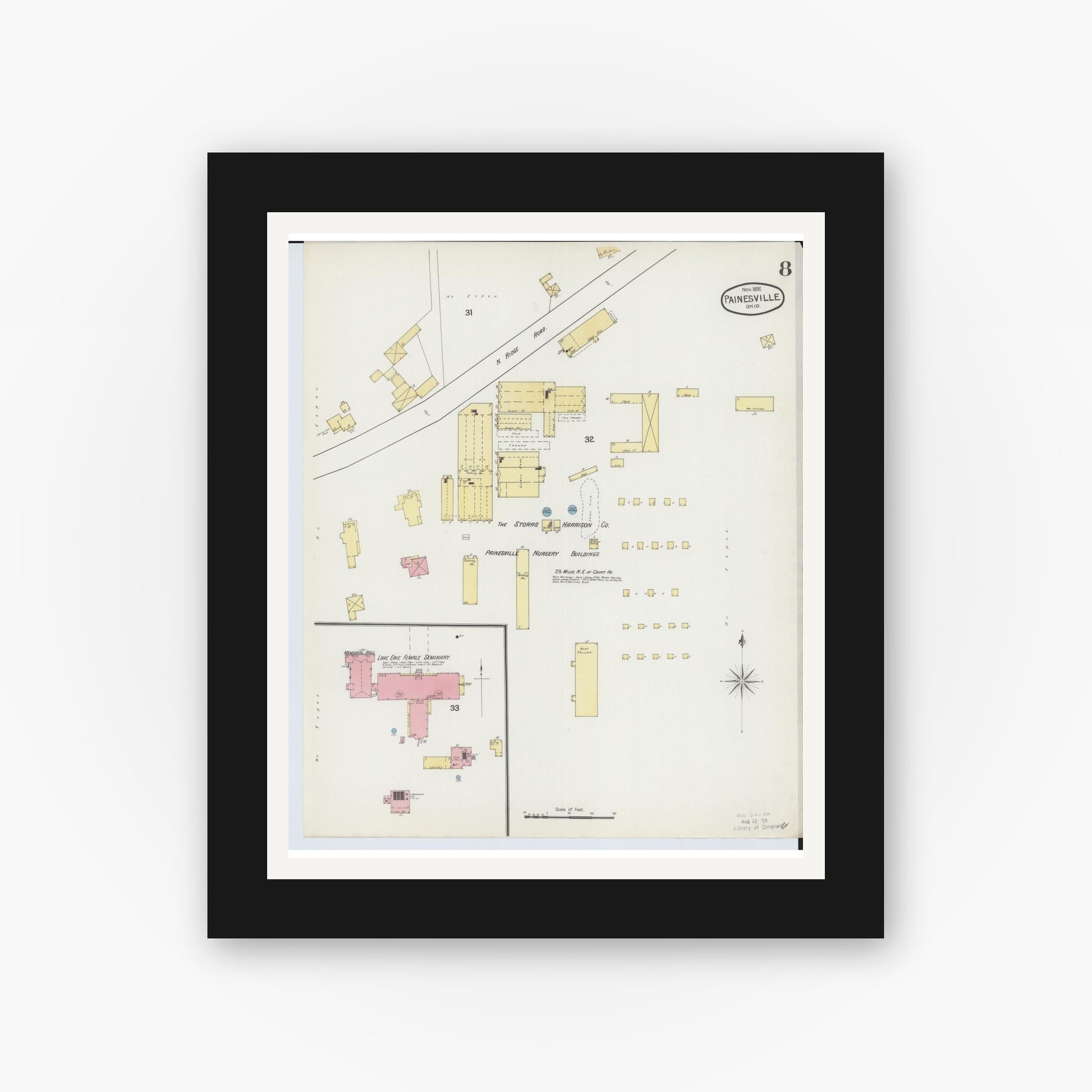 Old map wall art mockup — black gallery frame with white mat — Sanborn Fire Insurance Map from Painesville, Lake County, Ohio (1892), Sheet #0008