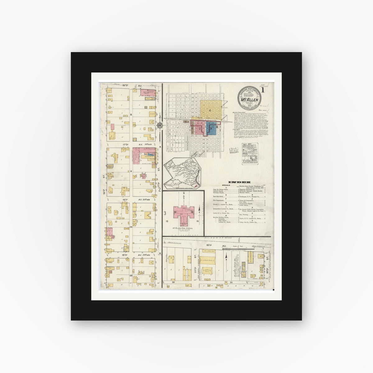 Old map wall art mockup — black gallery frame with white mat — Sanborn Fire Insurance Map from McAllen, Hidalgo County, Texas (1919) - Complete Map Set