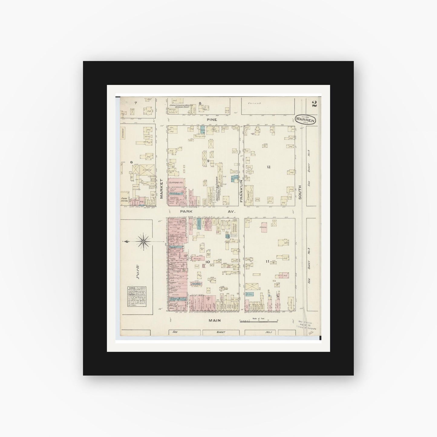 Old map wall art mockup — black gallery frame with white mat — Sanborn Fire Insurance Map from Warren, Trumbull County, Ohio (1884), Sheet #0002