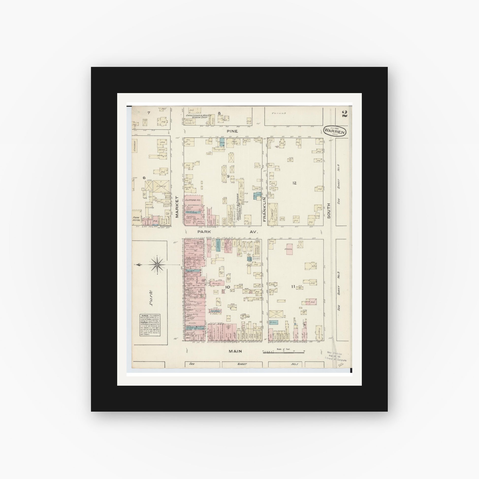 Old map wall art mockup — black gallery frame with white mat — Sanborn Fire Insurance Map from Warren, Trumbull County, Ohio (1884), Sheet #0002