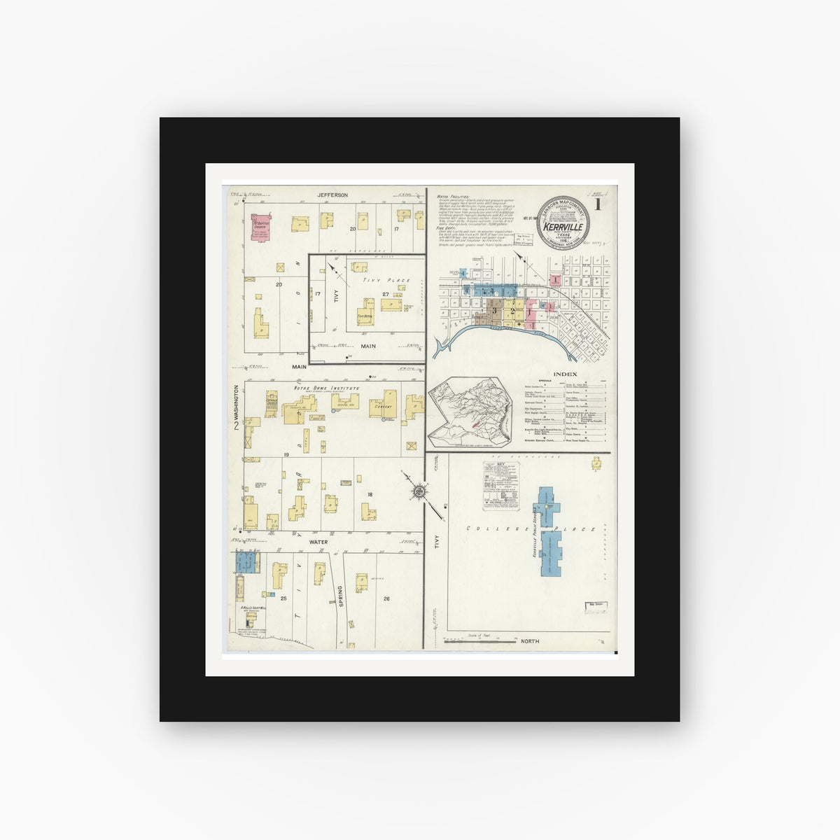 Old map wall art mockup — black gallery frame with white mat — Sanborn Fire Insurance Map from Kerrville, Kerr County, Texas (1916) - Complete Map Set
