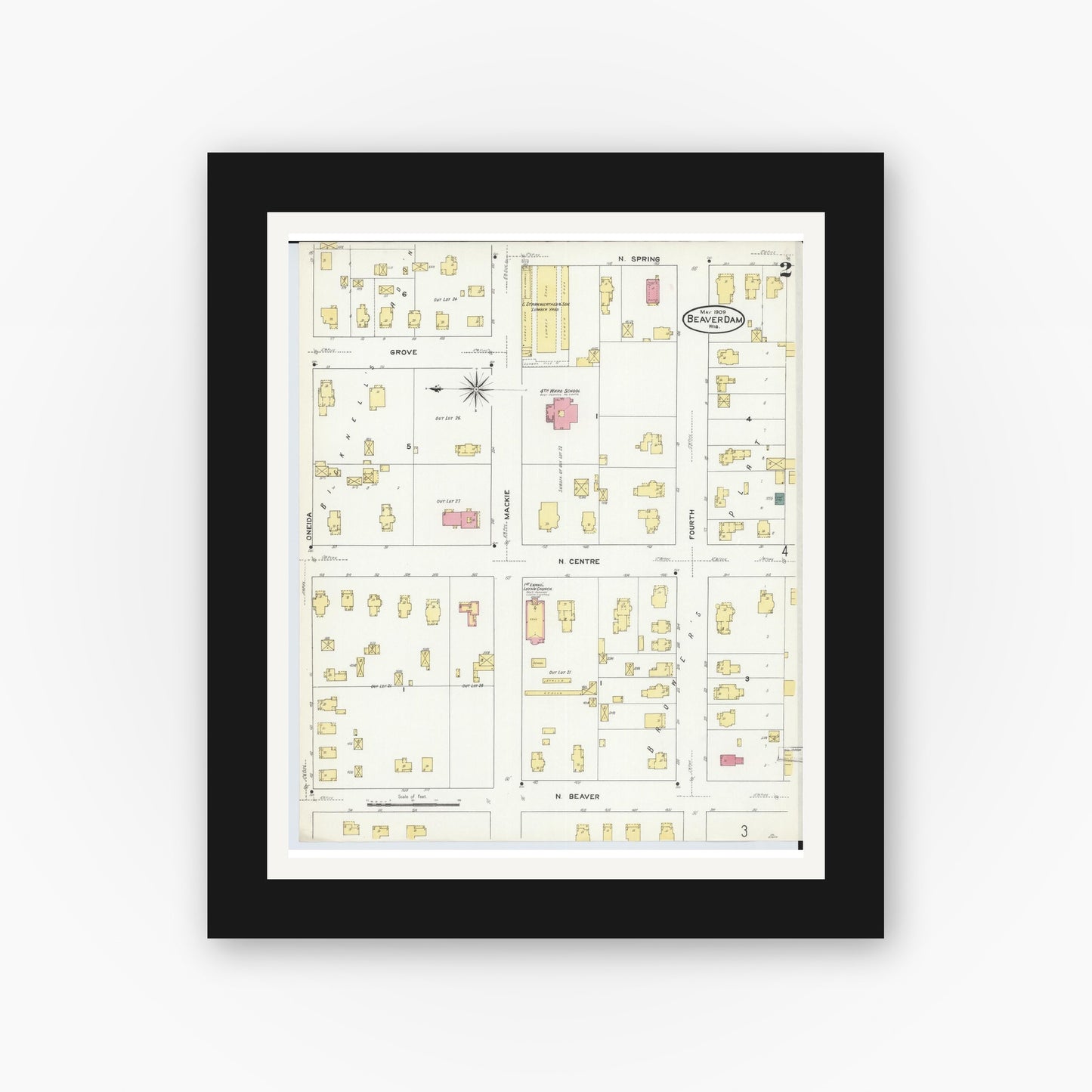 Old map wall art mockup — black gallery frame with white mat — Sanborn Fire Insurance Map from Beaver Dam, Dodge County, Wisconsin (1909), Sheet #0002