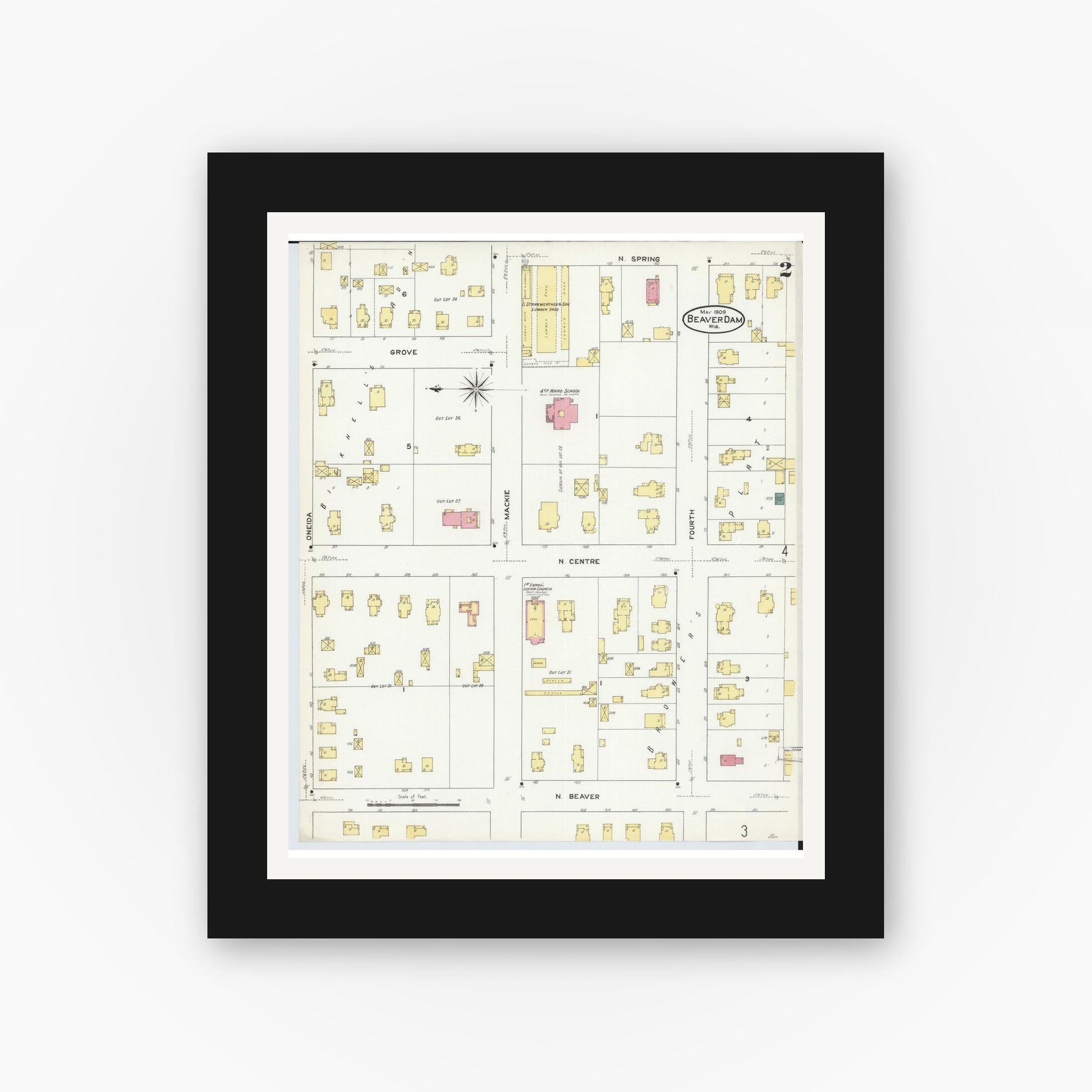 Old map wall art mockup — black gallery frame with white mat — Sanborn Fire Insurance Map from Beaver Dam, Dodge County, Wisconsin (1909), Sheet #0002