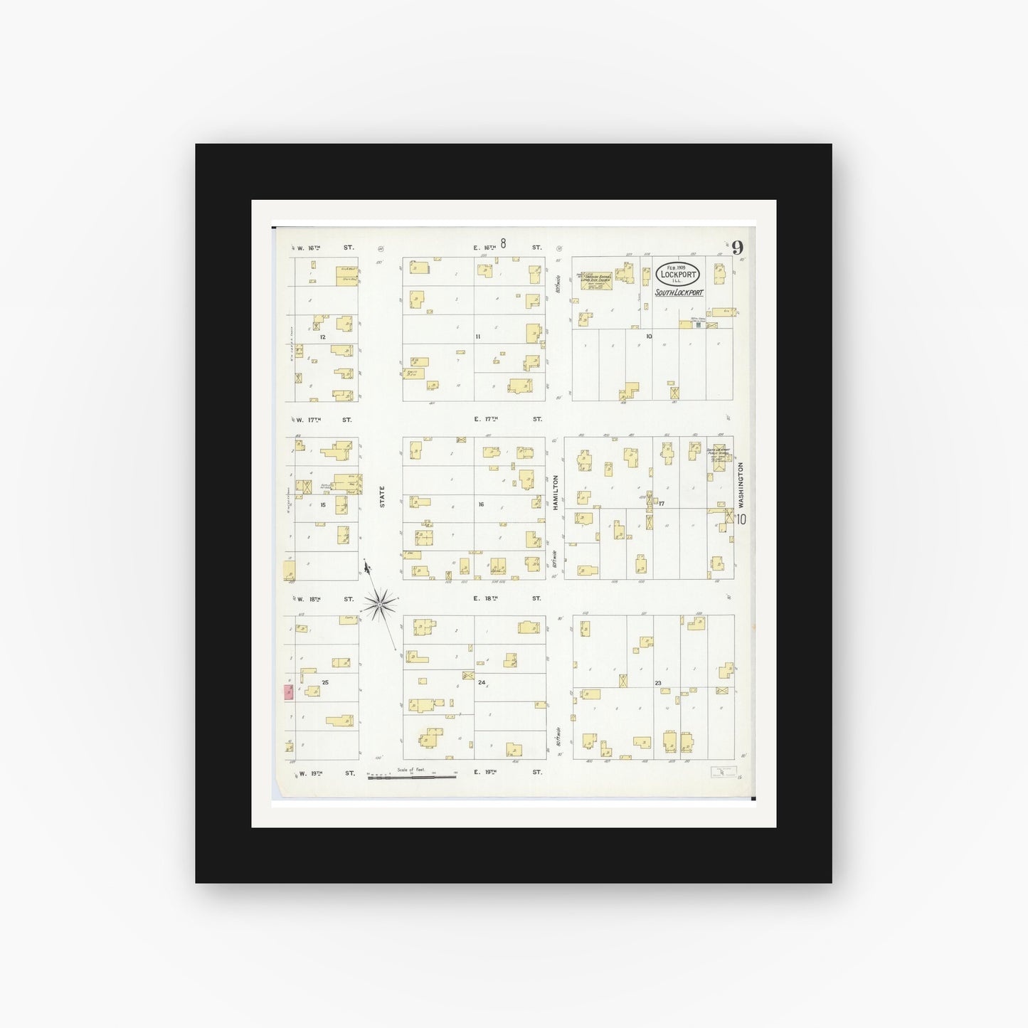 Old map wall art mockup — black gallery frame with white mat — Sanborn Fire Insurance Map from Lockport, Will County, Illinois (1909), Sheet #0009