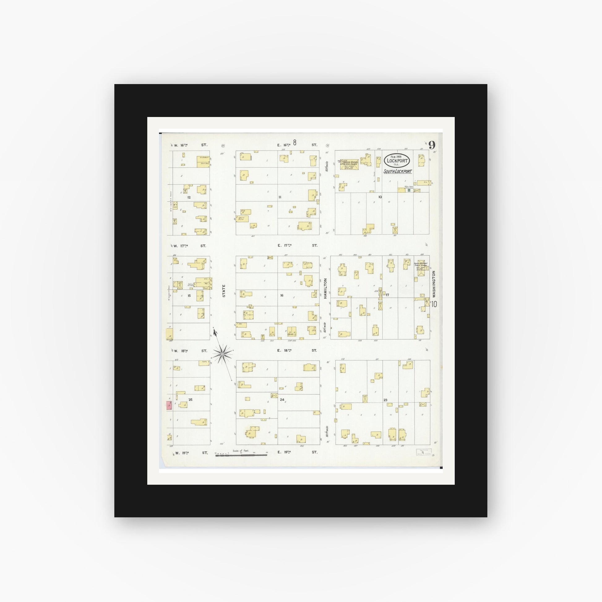 Old map wall art mockup — black gallery frame with white mat — Sanborn Fire Insurance Map from Lockport, Will County, Illinois (1909), Sheet #0009