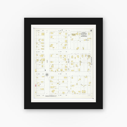 Old map wall art mockup — black gallery frame with white mat — Sanborn Fire Insurance Map from Lockport, Will County, Illinois (1909), Sheet #0009