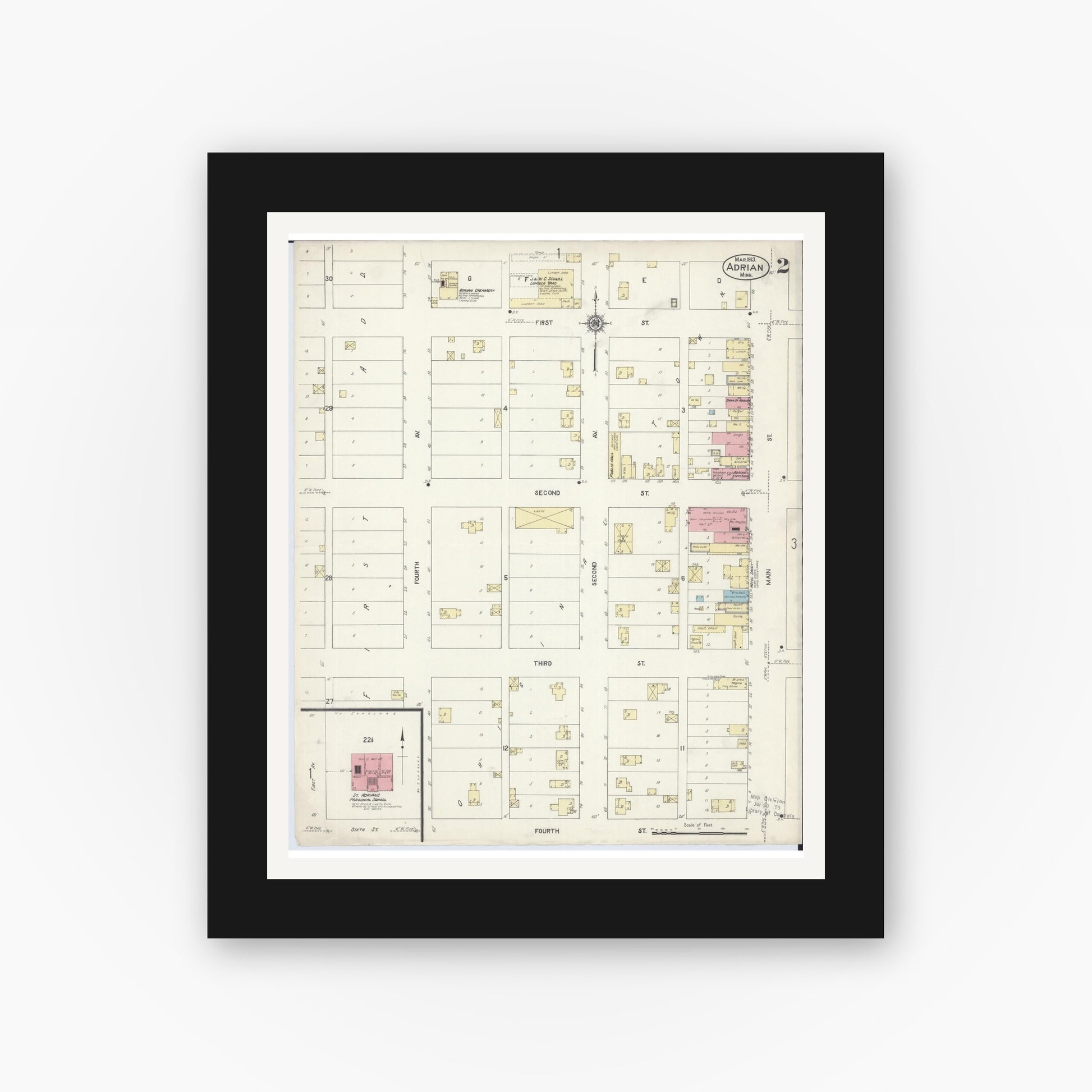 Old map wall art mockup — black gallery frame with white mat — Sanborn Fire Insurance Map from Adrian, Nobles County, Minnesota (1913), Sheet #0002