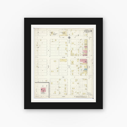 Old map wall art mockup — black gallery frame with white mat — Sanborn Fire Insurance Map from Adrian, Nobles County, Minnesota (1913), Sheet #0002