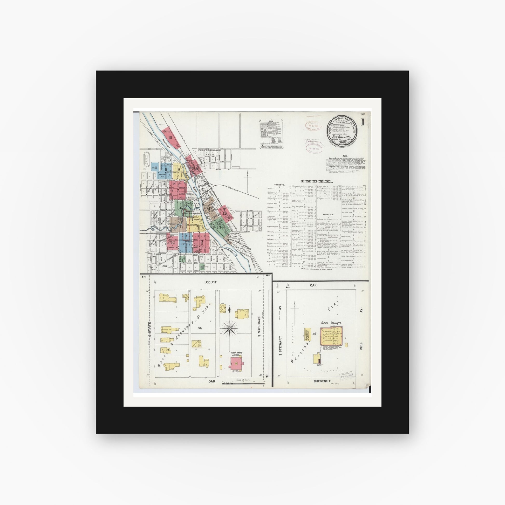 Old map wall art mockup — black gallery frame with white mat — Sanborn Fire Insurance Map from Big Rapids, Mecosta County, Michigan (1899), Sheet #0001