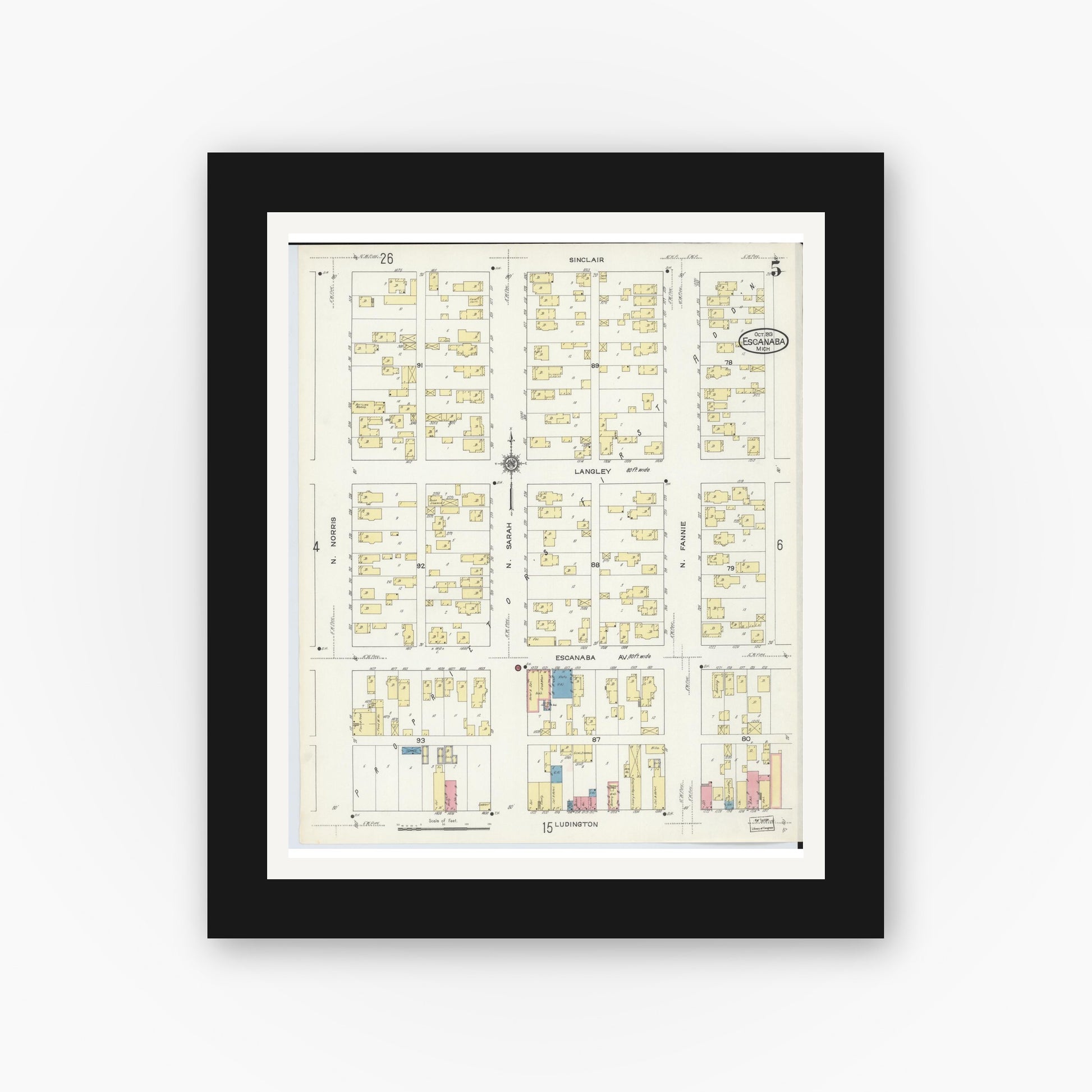 Old map wall art mockup — black gallery frame with white mat — Sanborn Fire Insurance Map from Escanaba, Delta County, Michigan (1913), Sheet #0005