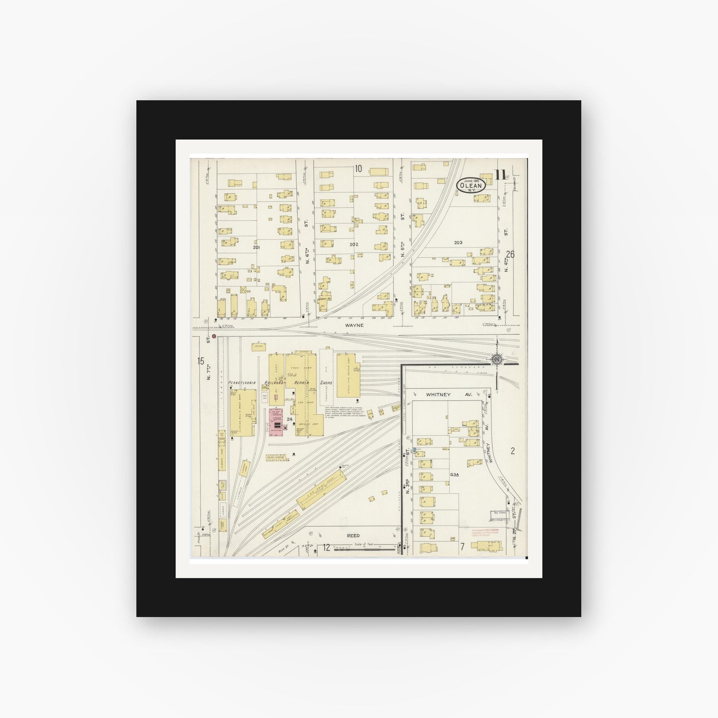 Old map wall art mockup — black gallery frame with white mat — Sanborn Fire Insurance Map from Olean, Cattaraugus County, New York (1915), Sheet #0011