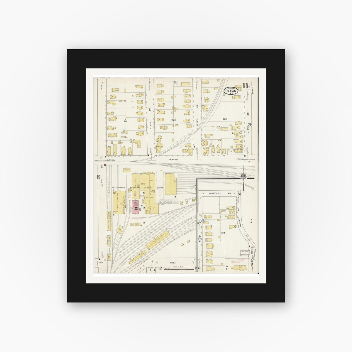 Old map wall art mockup — black gallery frame with white mat — Sanborn Fire Insurance Map from Olean, Cattaraugus County, New York (1915), Sheet #0011