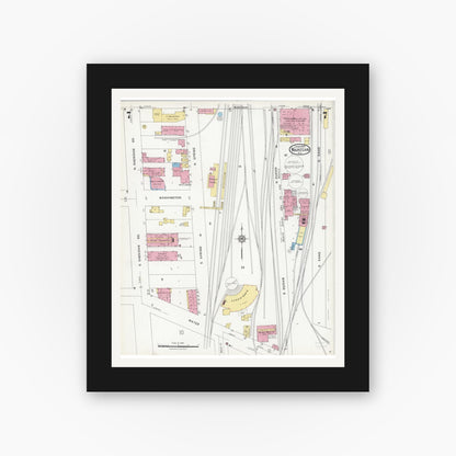 Old map wall art mockup — black gallery frame with white mat — Sanborn Fire Insurance Map from Waukegan, Lake County, Illinois (1924), Sheet #0007