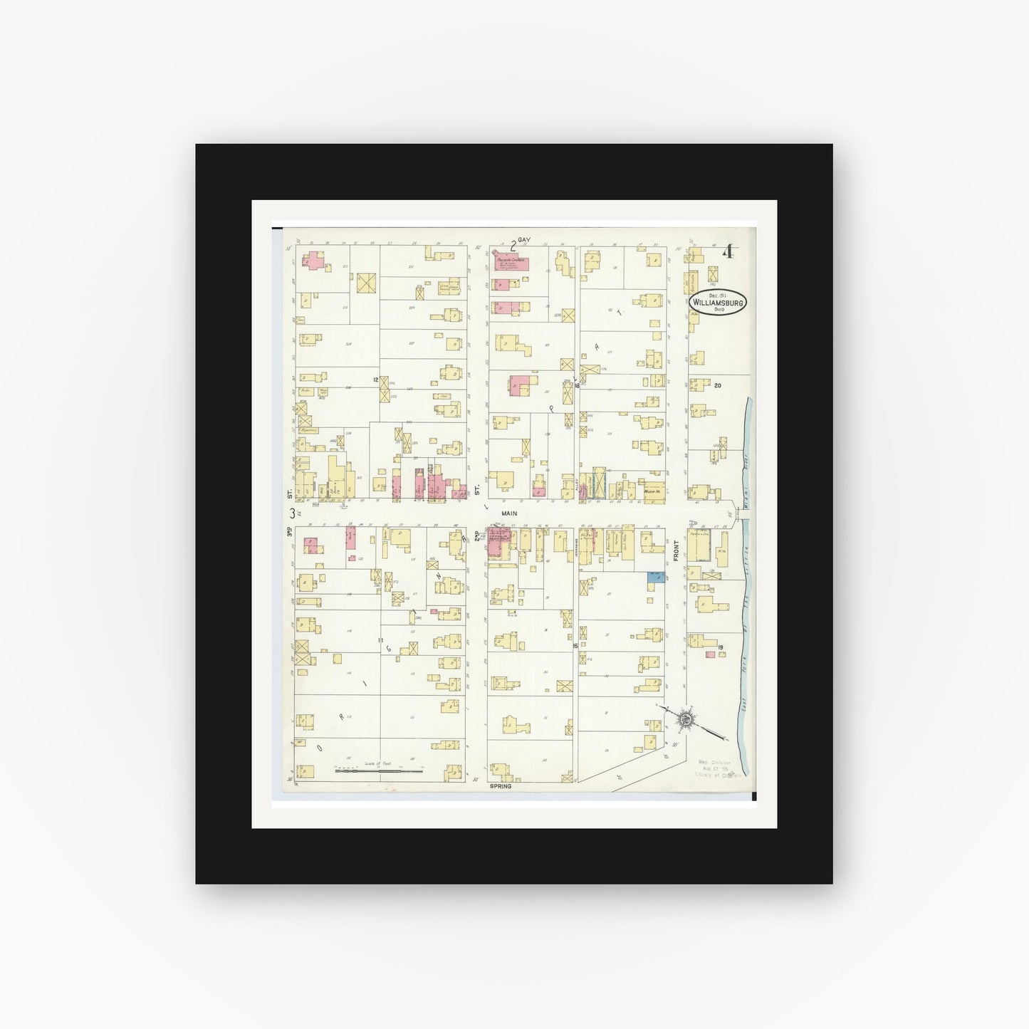 Old map wall art mockup — black gallery frame with white mat — Sanborn Fire Insurance Map from Williamsburg, Clermont County, Ohio (1911), Sheet #0004