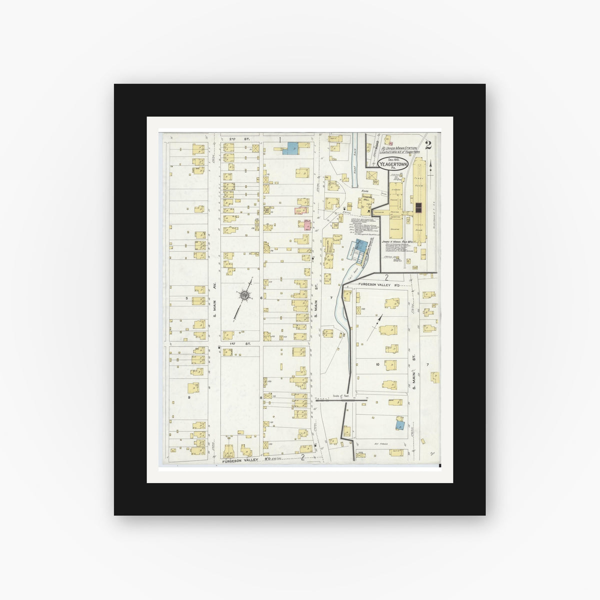 Old map wall art mockup — black gallery frame with white mat — Sanborn Fire Insurance Map from Yeagertown, Mifflin County, Pennsylvania (1910), Sheet #0002