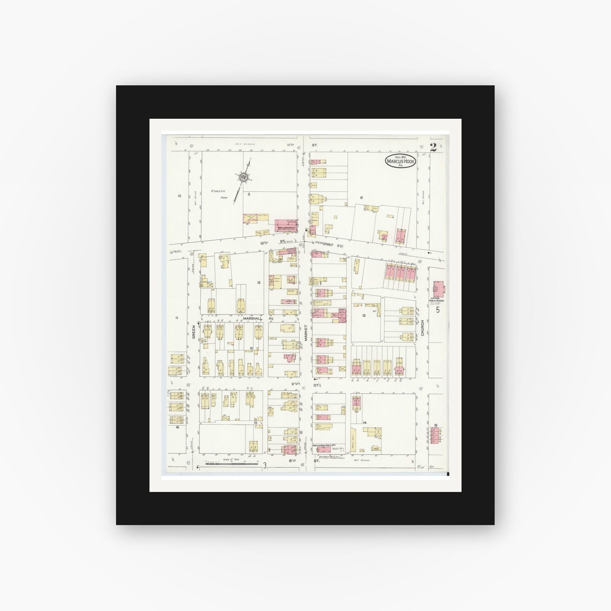 Old map wall art mockup — black gallery frame with white mat — Sanborn Fire Insurance Map from Marcus Hook, Chester County, Pennsylvania (1912), Sheet #0002