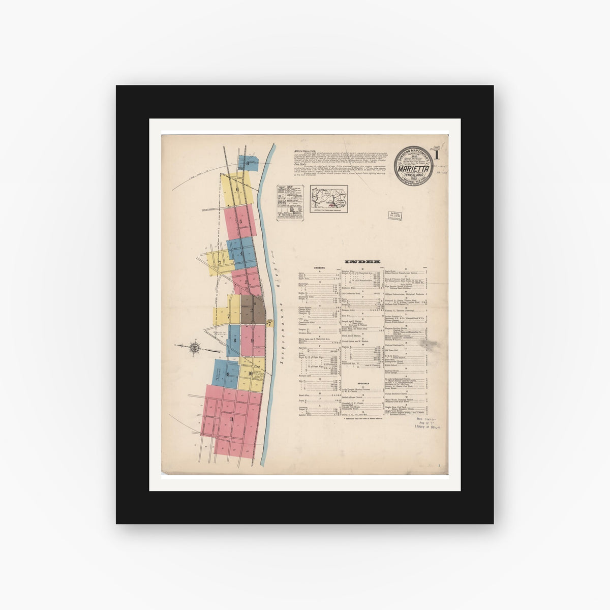 Old map wall art mockup — black gallery frame with white mat — Sanborn Fire Insurance Map from Marietta, Lancaster County, Pennsylvania (1922), Sheet #0001