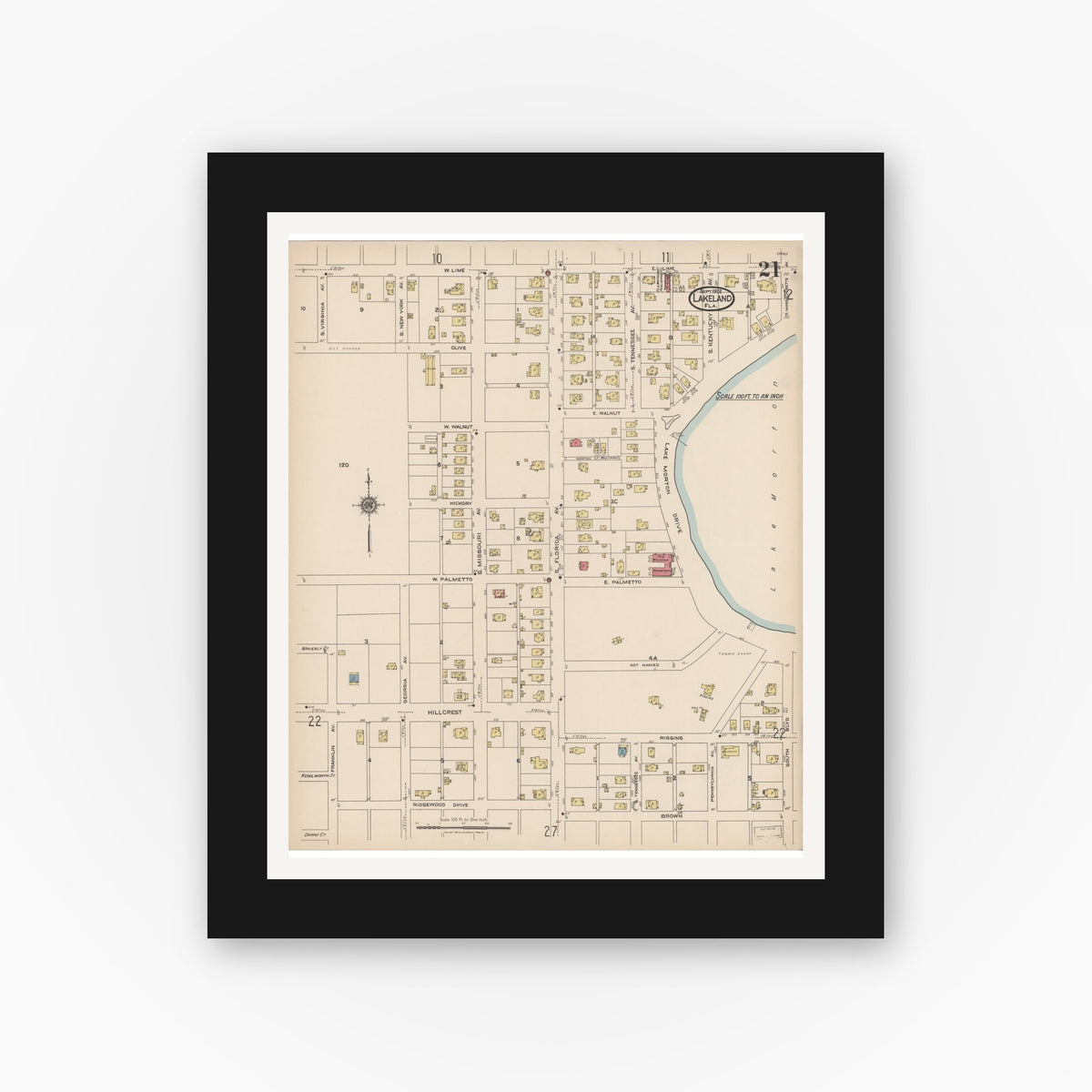 Old map wall art mockup — black gallery frame with white mat — Sanborn Fire Insurance Map from Lakeland, Polk County, Florida (1922), Sheet #0021