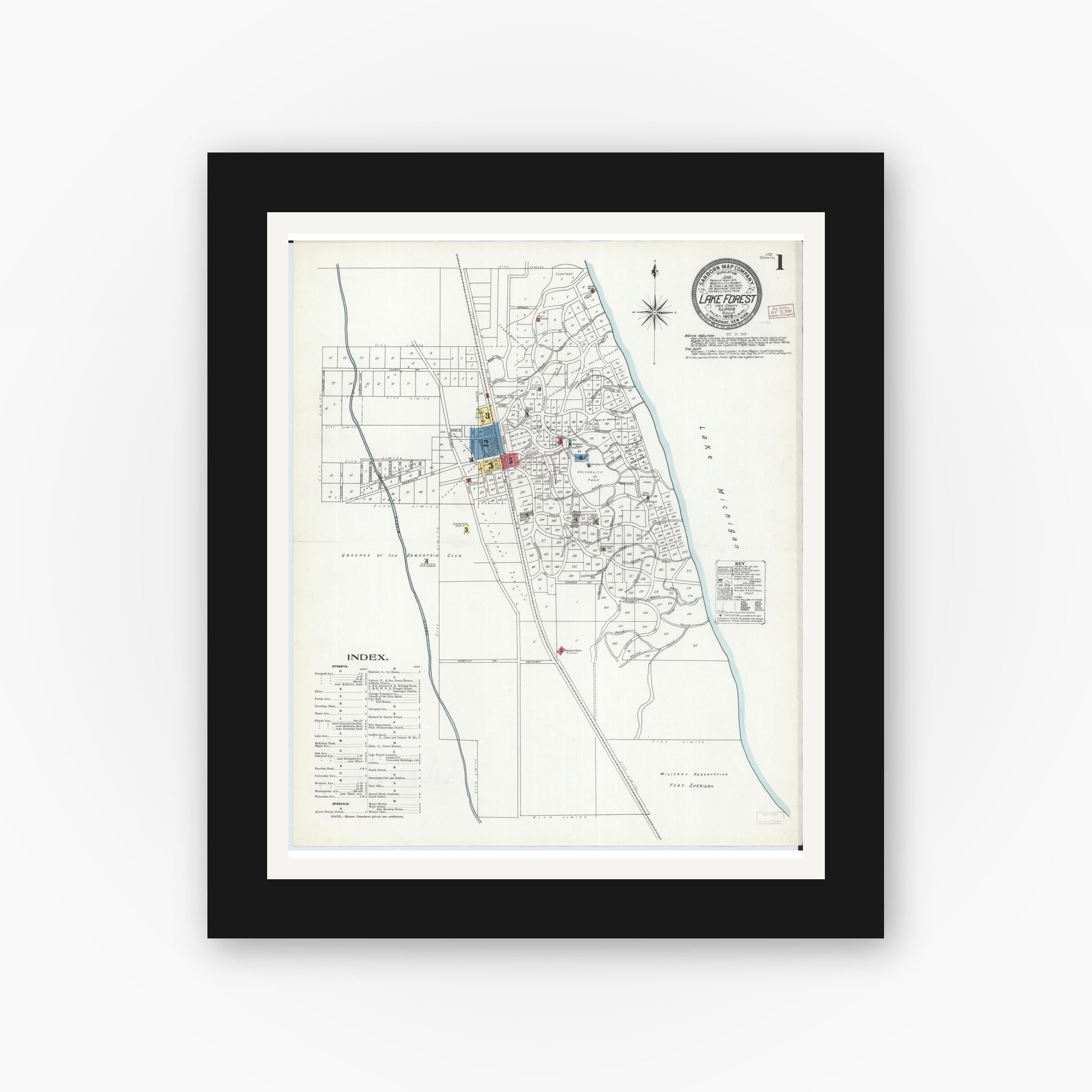 Old map wall art mockup — black gallery frame with white mat — Sanborn Fire Insurance Map from Lake Forest, Lake County, Illinois (1909), Sheet #0001