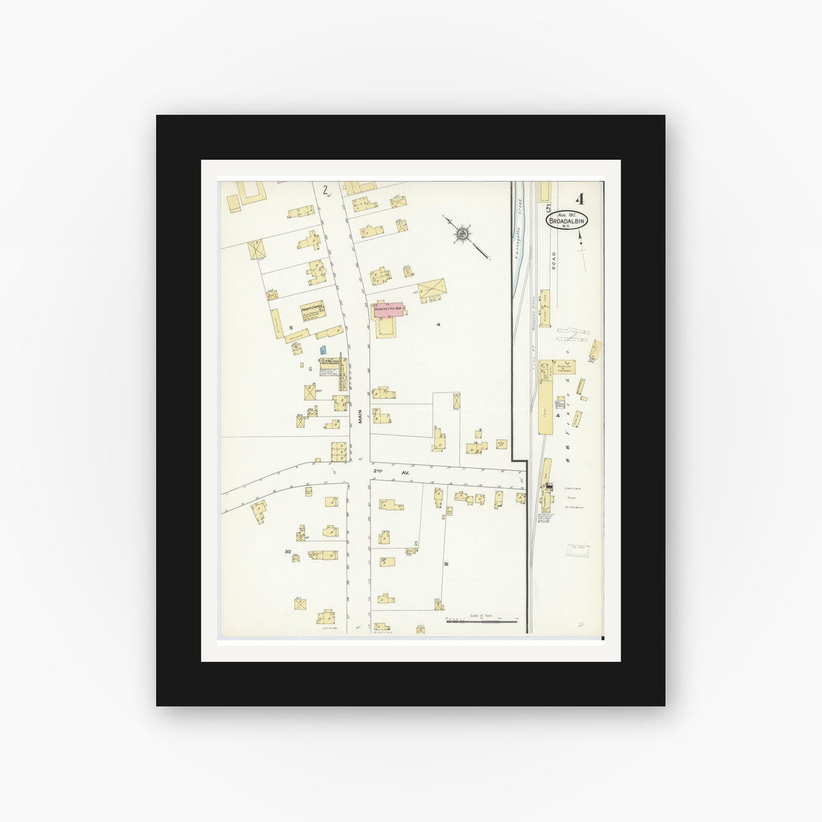 Old map wall art mockup — black gallery frame with white mat — Sanborn Fire Insurance Map from Broadalbin, Fulton County, New York (1912), Sheet #0004