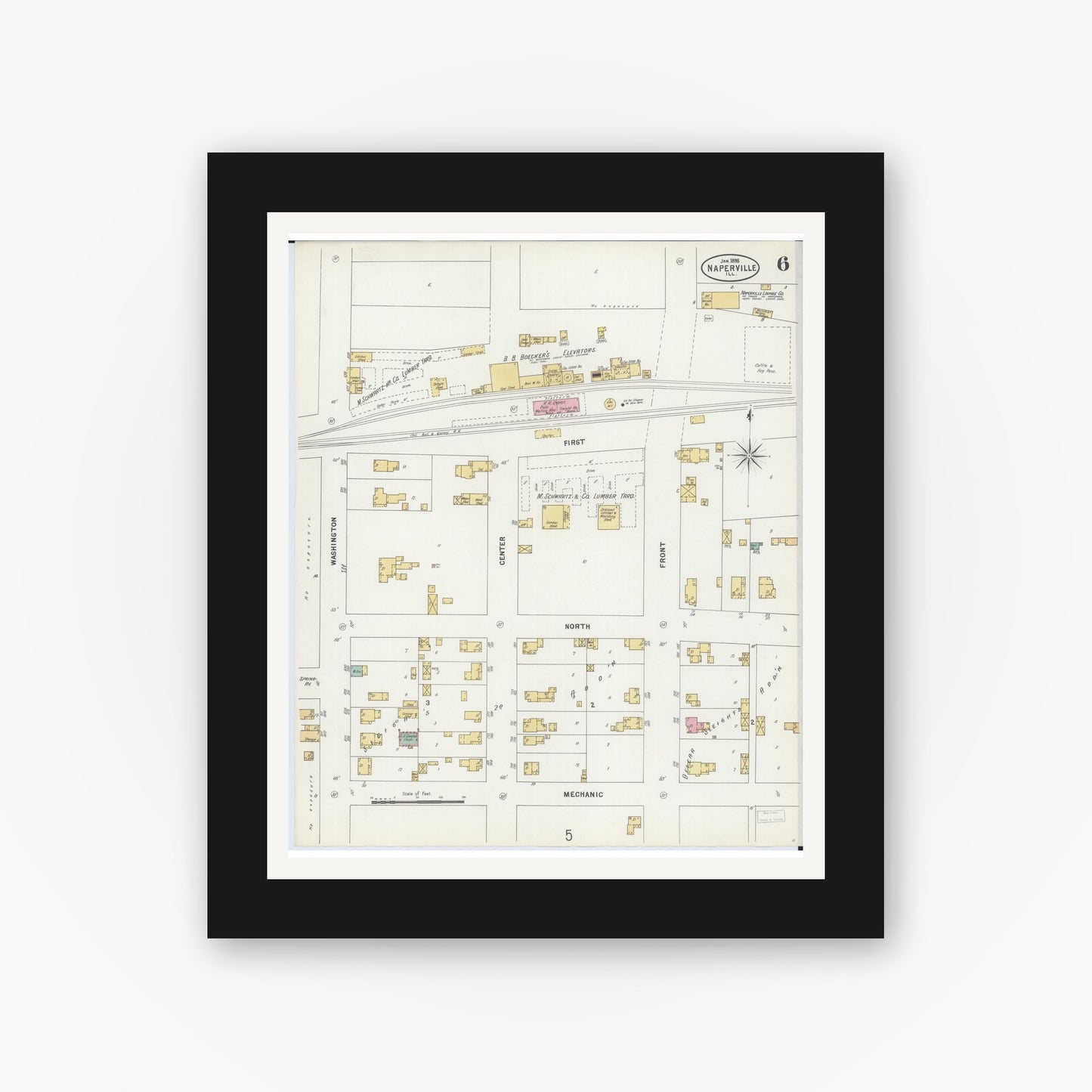 Old map wall art mockup — black gallery frame with white mat — Sanborn Fire Insurance Map from Naperville, Du Page County, Illinois (1898), Sheet #0006