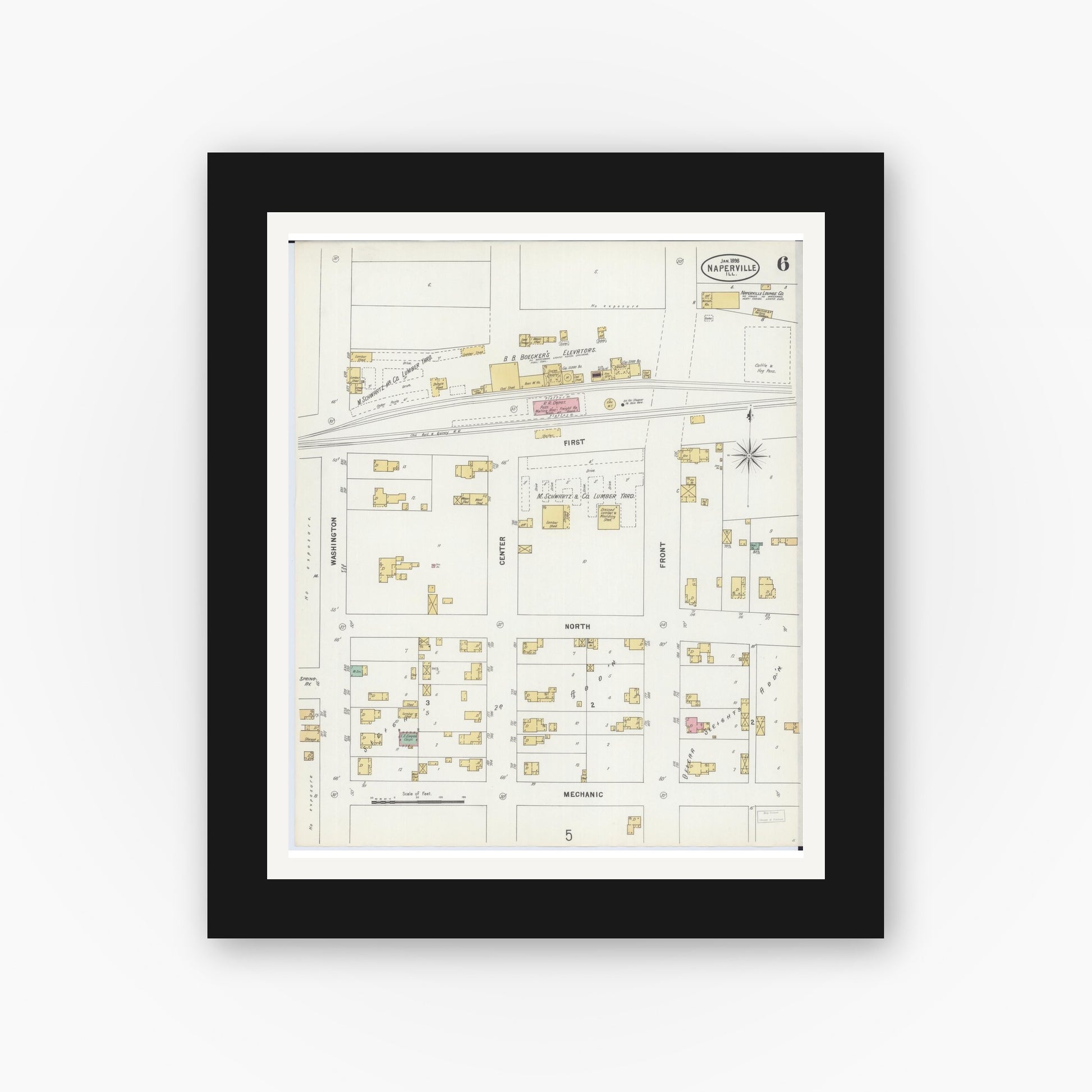Old map wall art mockup — black gallery frame with white mat — Sanborn Fire Insurance Map from Naperville, Du Page County, Illinois (1898), Sheet #0006