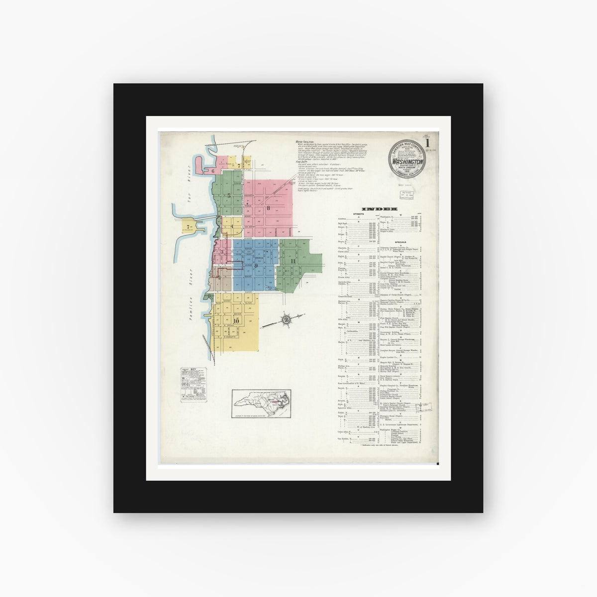 Old map wall art mockup — black gallery frame with white mat — Sanborn Fire Insurance Map from Washington, Beaufort County, North Carolina (1916) - Complete Map Set