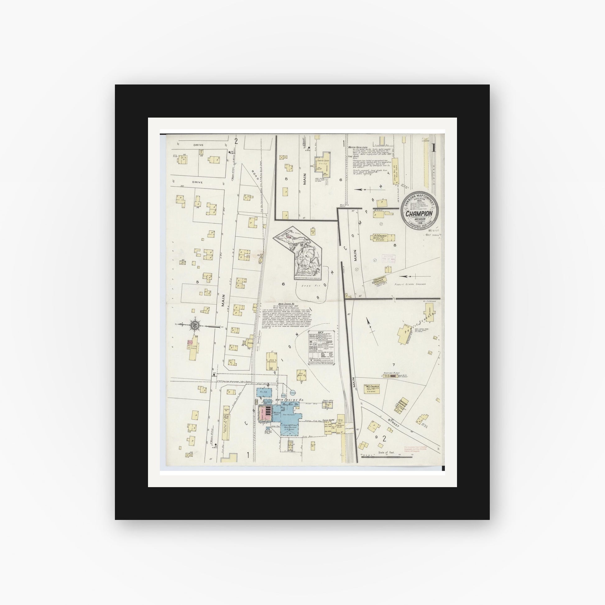 Old map wall art mockup — black gallery frame with white mat — Sanborn Fire Insurance Map from Champion, Marquette County, Michigan (1914) - Complete Map Set