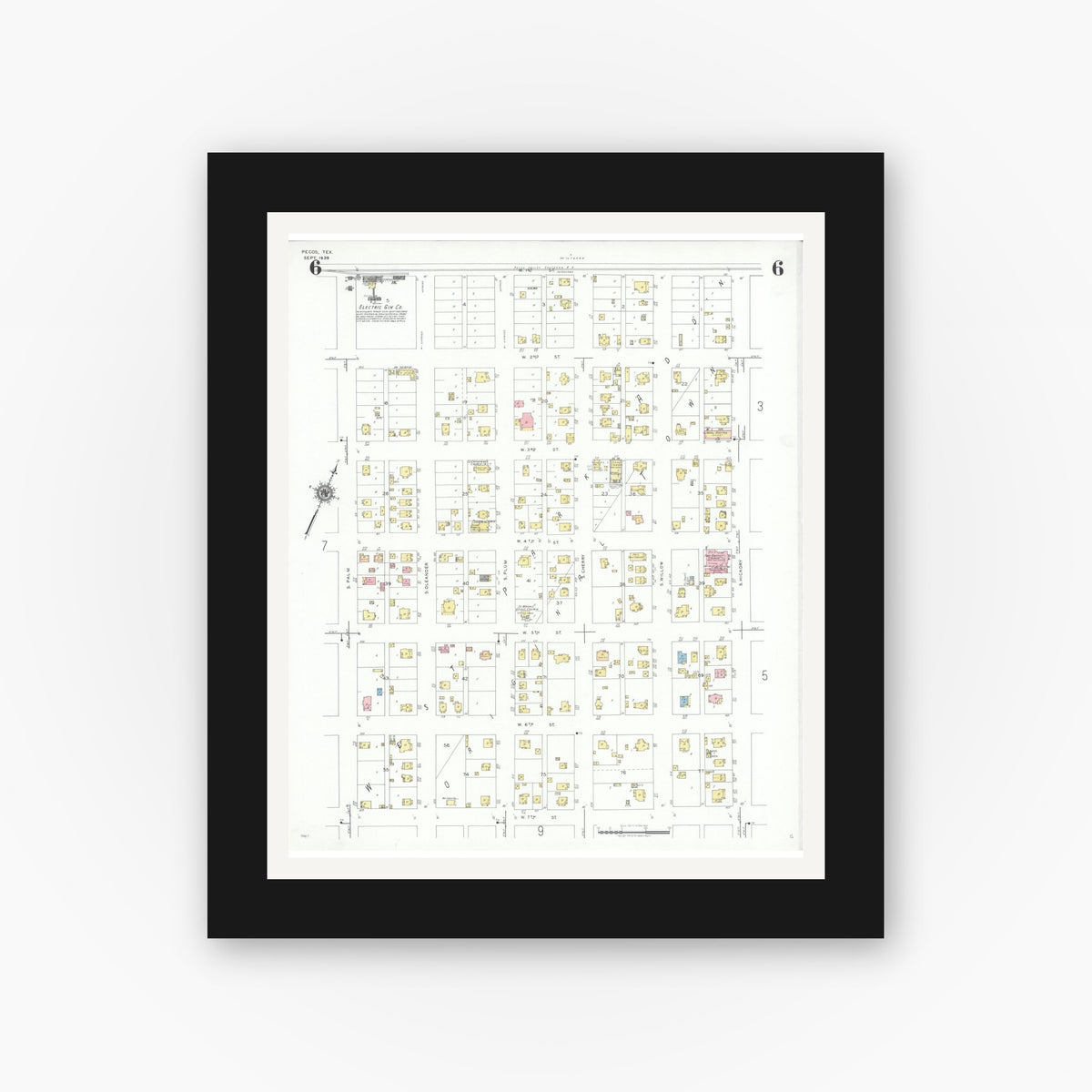 Old map wall art mockup — black gallery frame with white mat — Sanborn Fire Insurance Map from Pecos, Reeves County, Texas (1939), Sheet #0006