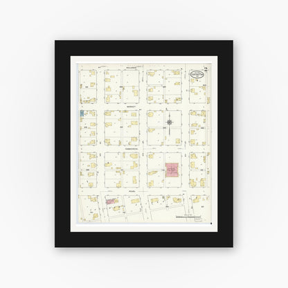 Old map wall art mockup — black gallery frame with white mat — Sanborn Fire Insurance Map from Covington, Fountain County, Indiana (1910), Sheet #0002