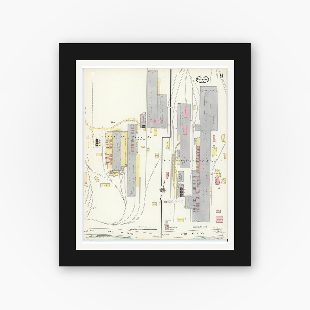 Old map wall art mockup — black gallery frame with white mat — Sanborn Fire Insurance Map from Natrona, Allegheny County, Pennsylvania (1912), Sheet #0009