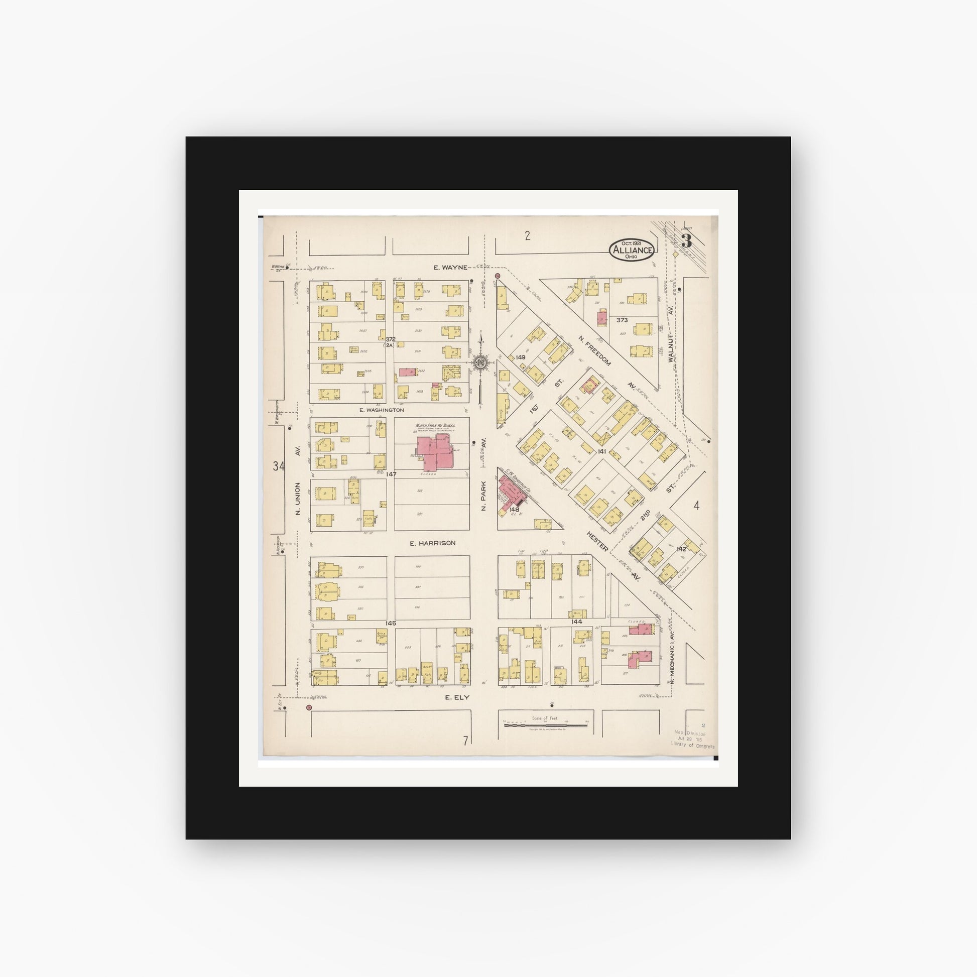 Old map wall art mockup — black gallery frame with white mat — Sanborn Fire Insurance Map from Alliance, Stark County, Ohio (1921), Sheet #0003