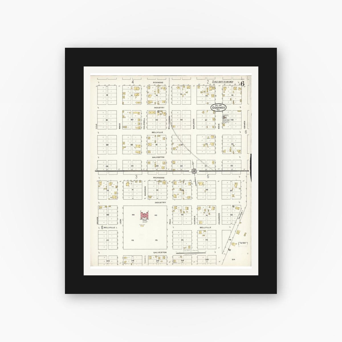Old map wall art mockup — black gallery frame with white mat — Sanborn Fire Insurance Map from Giddings, Lee County, Texas (1921), Sheet #0006