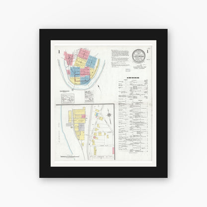 Old map wall art mockup — black gallery frame with white mat — Sanborn Fire Insurance Map from Leechburg, Armstrong County, Pennsylvania (1927), Sheet #0001