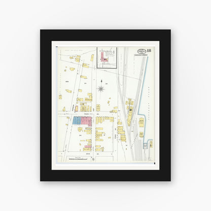 Old map wall art mockup — black gallery frame with white mat — Sanborn Fire Insurance Map from Conneaut, Ashtabula County, Ohio (1909), Sheet #0018