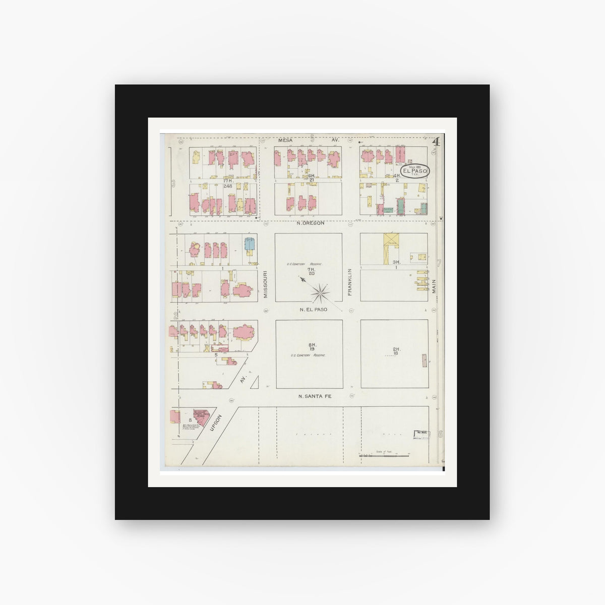 Old map wall art mockup — black gallery frame with white mat — Sanborn Fire Insurance Map from El Paso, El Paso County, Texas (1893), Sheet #0004