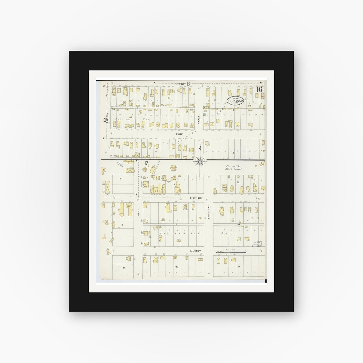 Old map wall art mockup — black gallery frame with white mat — Sanborn Fire Insurance Map from Ironwood, Gogebic County, Michigan (1898), Sheet #0016