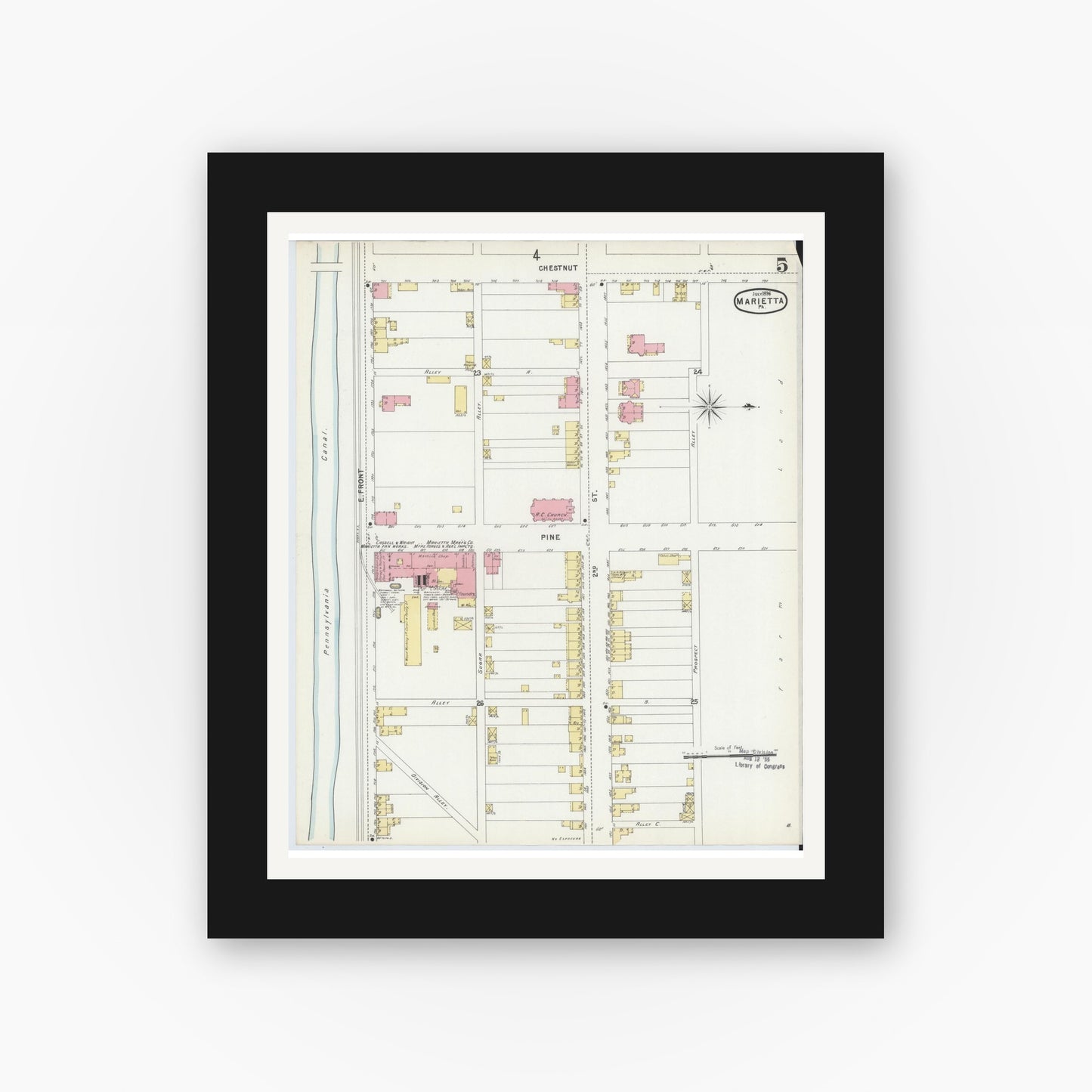Old map wall art mockup — black gallery frame with white mat — Sanborn Fire Insurance Map from Marietta, Lancaster County, Pennsylvania (1896), Sheet #0005
