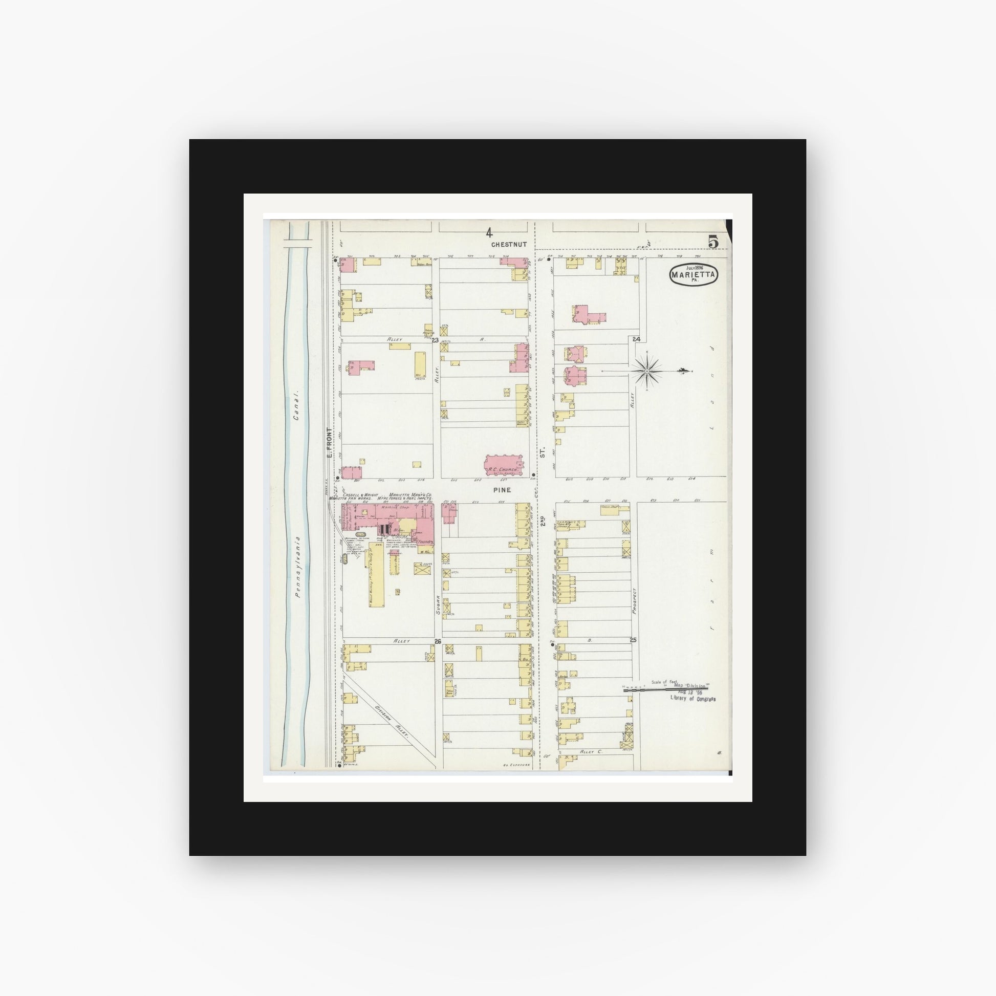 Old map wall art mockup — black gallery frame with white mat — Sanborn Fire Insurance Map from Marietta, Lancaster County, Pennsylvania (1896), Sheet #0005