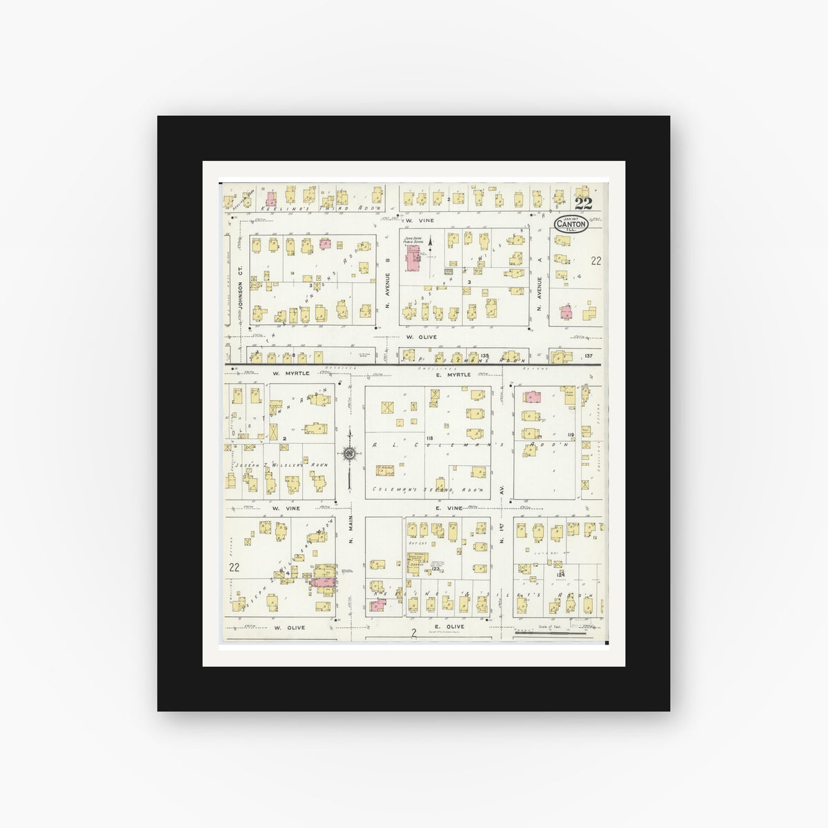 Old map wall art mockup — black gallery frame with white mat — Sanborn Fire Insurance Map from Canton, Fulton County, Illinois (1917), Sheet #0022