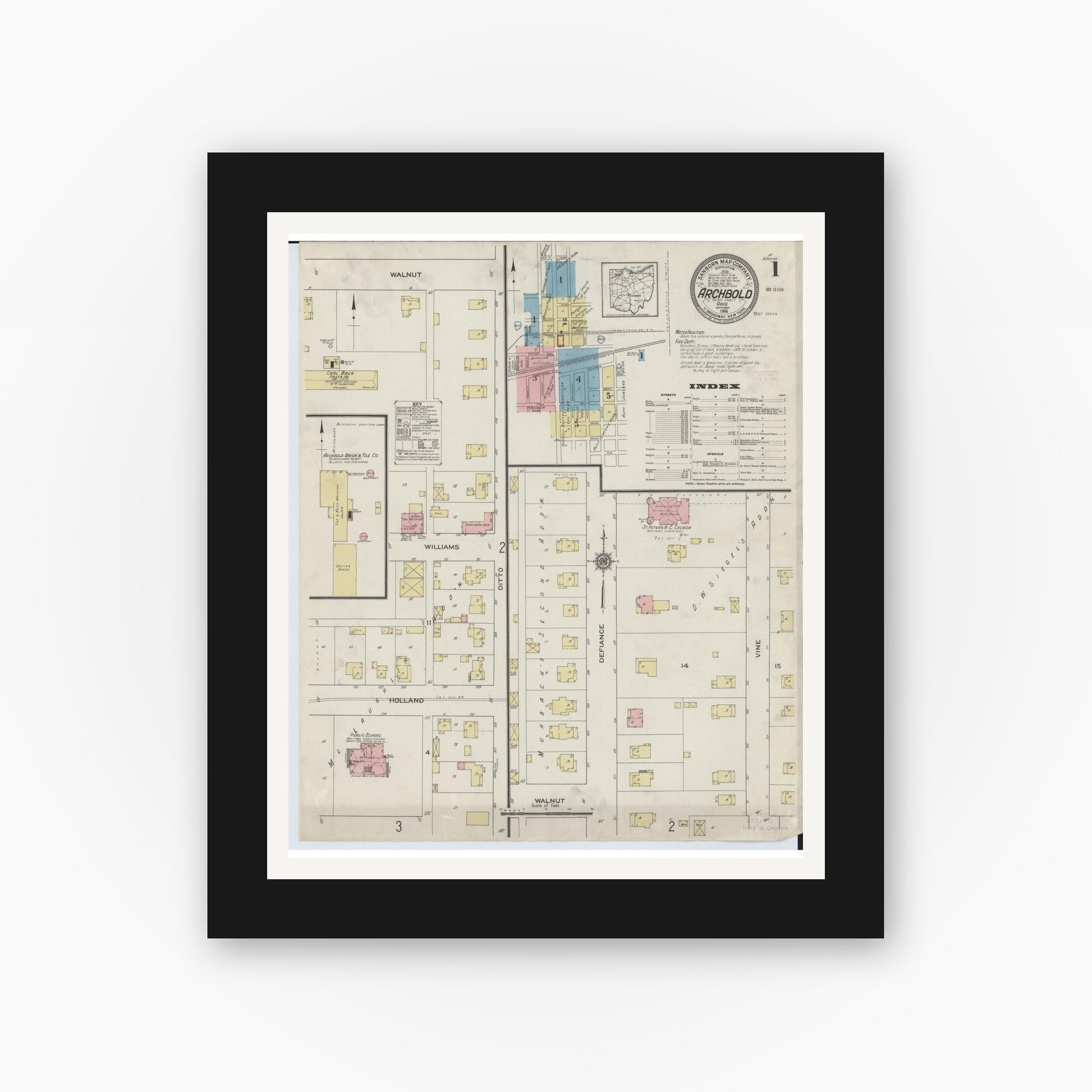 Old map wall art mockup — black gallery frame with white mat — Sanborn Fire Insurance Map from Archbold, Fulton County, Ohio (1914), Sheet #0001
