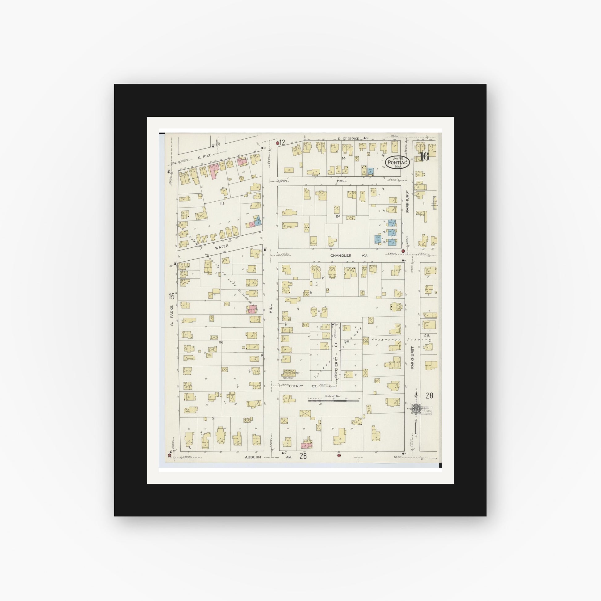 Old map wall art mockup — black gallery frame with white mat — Sanborn Fire Insurance Map from Pontiac, Oakland County, Michigan (1915), Sheet #0016
