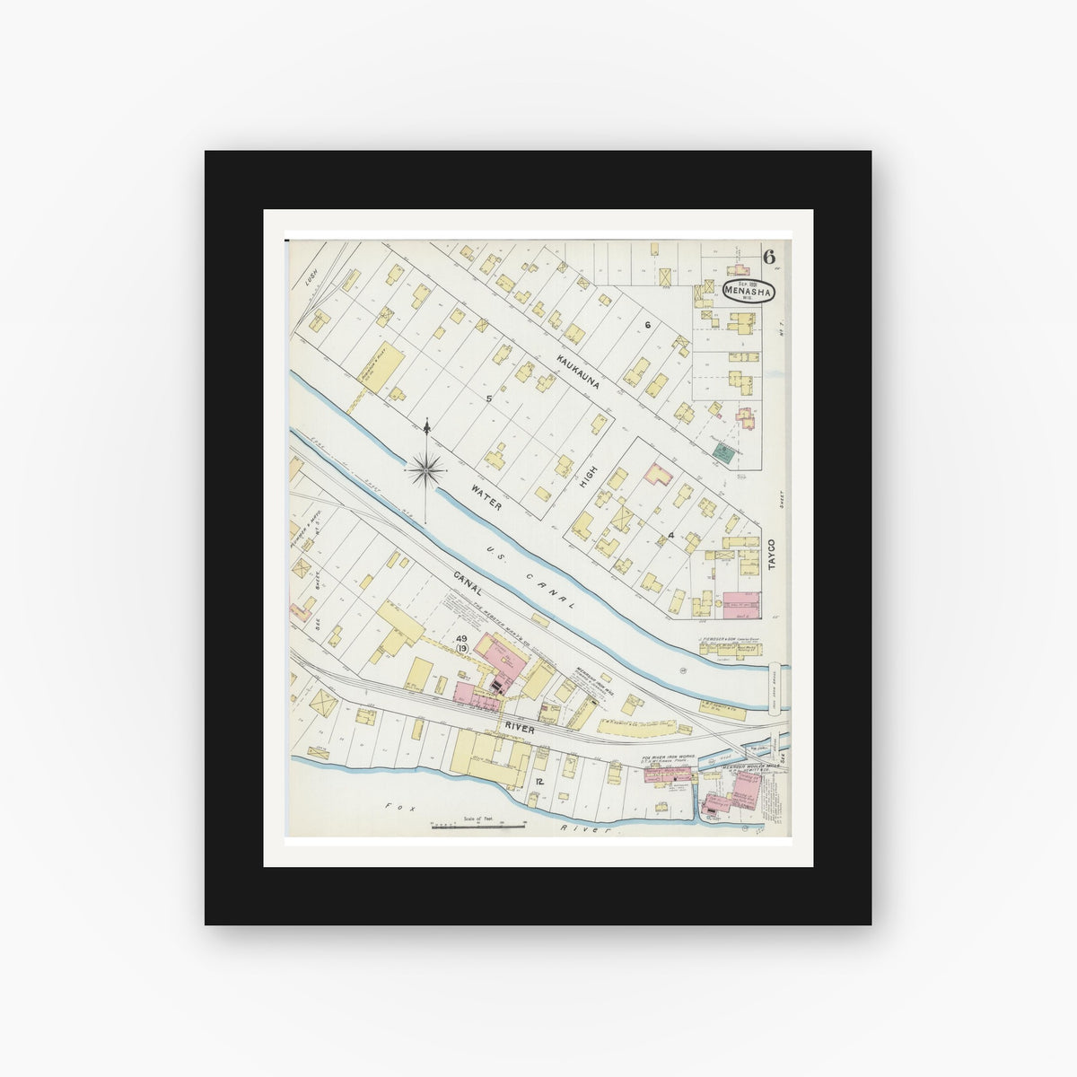 Old map wall art mockup — black gallery frame with white mat — Sanborn Fire Insurance Map from Menasha, Winnebago County, Wisconsin (1891), Sheet #0006