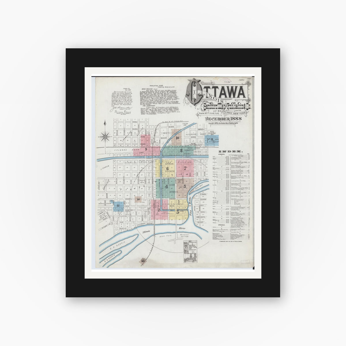 Old map wall art mockup — black gallery frame with white mat — Sanborn Fire Insurance Map from Ottawa, La Salle County, Illinois (1888), Sheet #0001
